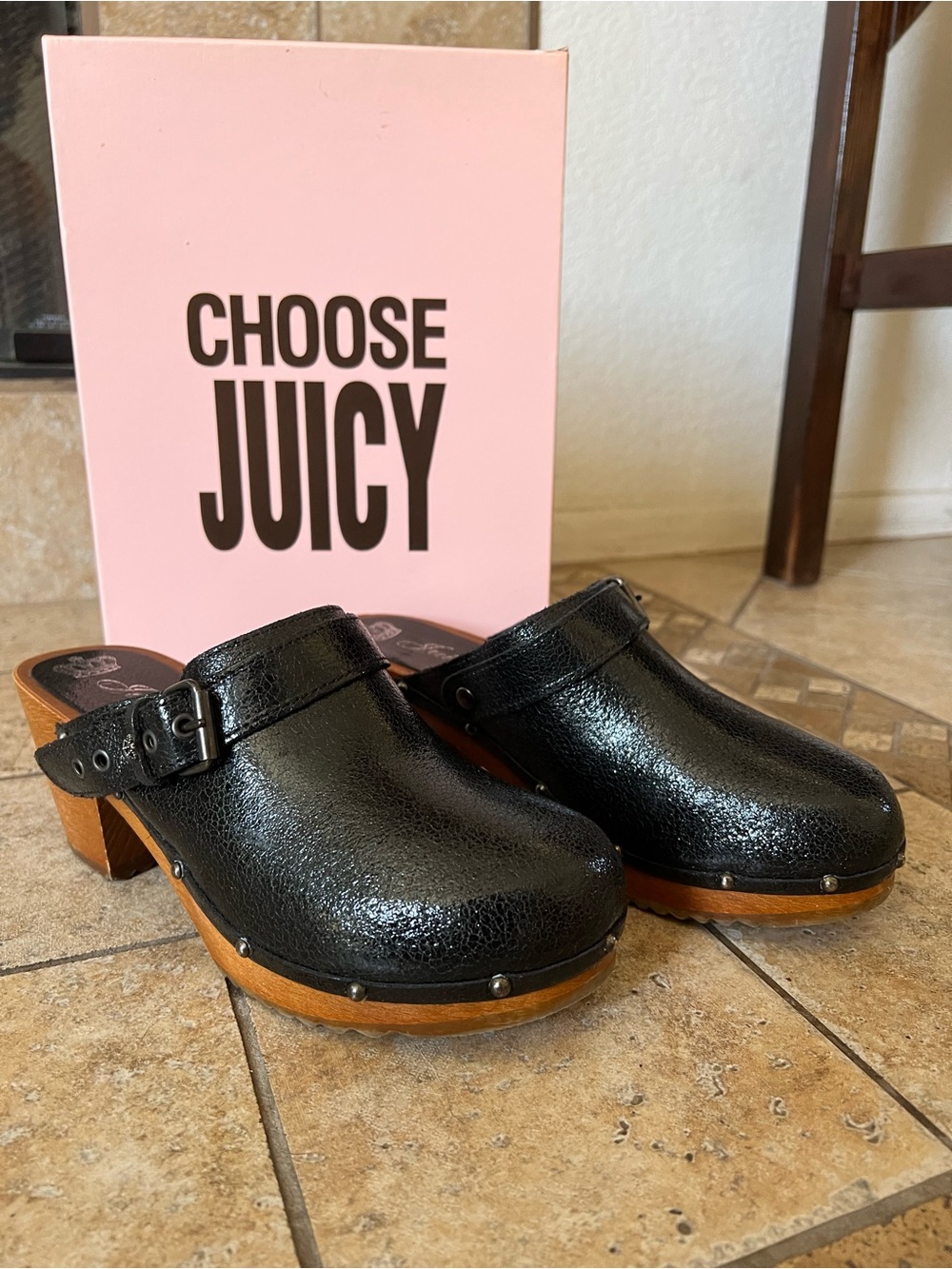 Rare Y2K Juicy Couture Black Leather Clog Heels
